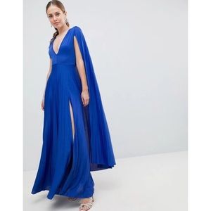 blue cape pleated maxi dress with plunge neckline
